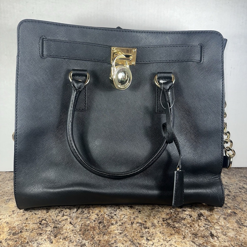 MICHAEL KORS HAMILTON LARGE BLACK LEATHER GOLD LOCK KEY TOTE BAG